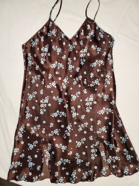 Y2K Satin Floral Cami Top XL Brown Blue Slip Tank Coquette Fairy Grunge 90s